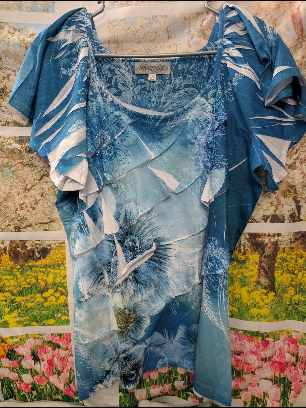 Blue Floral Ruffle Sleeve Blouse by Closet Blue